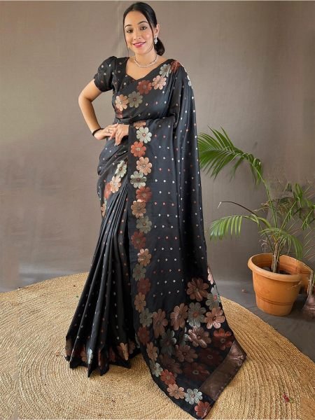 Pure Silk Jacquard Woven Floral Design Black Banarasi Saree Sale