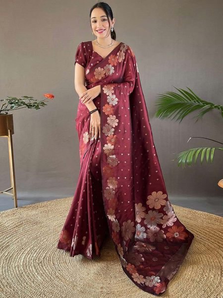 Pure Silk Jacquard Woven Floral Design Maroon Banarasi Saree Sale