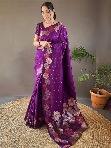 Pure Silk Jacquard Woven Floral Design Rani Pink Banarasi Saree Kanjivaram Sarees