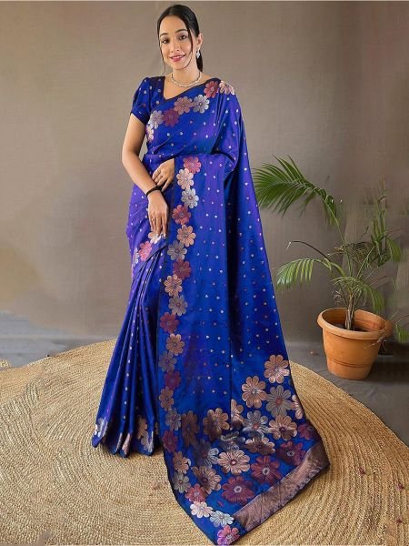 Pure Silk Jacquard Woven Floral Design Royal Blue Banarasi Saree Sale