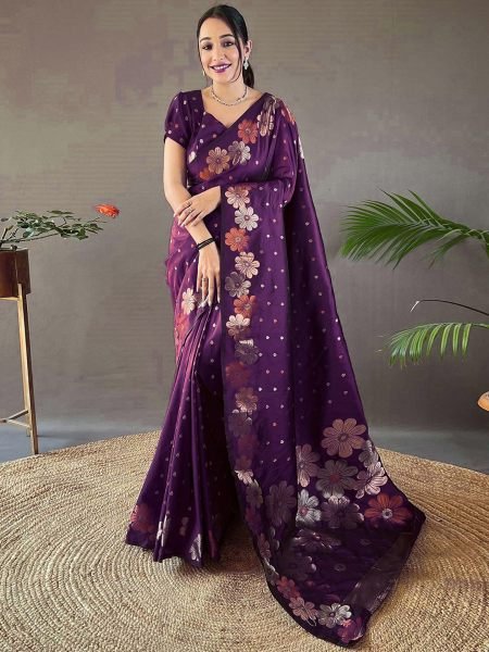 Pure Silk Jacquard Woven Floral Design Wine Banarasi Saree Sale