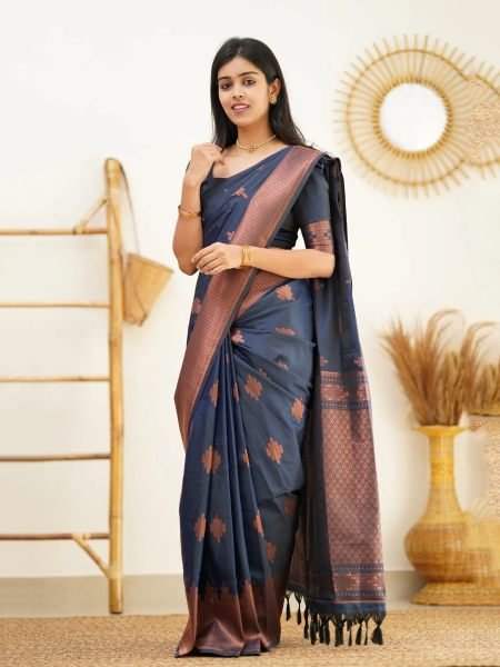 Pure Silk Jacquard Woven Navy Blue Banarasi Saree Sale