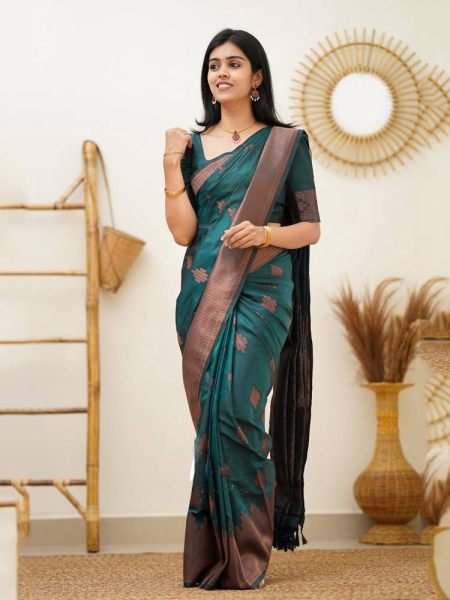 Pure Silk Jacquard Woven Rama Banarasi Saree Sale