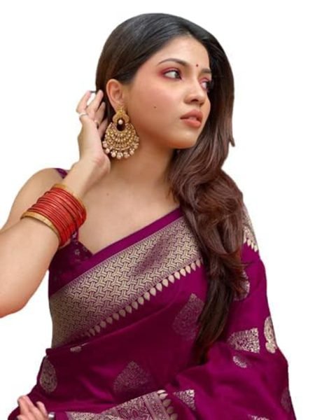 Pure Silk Jacquard Woven Wine Banarasi Saree Sale