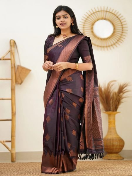 Pure Silk Jacquard Woven Wine Banarasi Saree Banarasi Sarees
