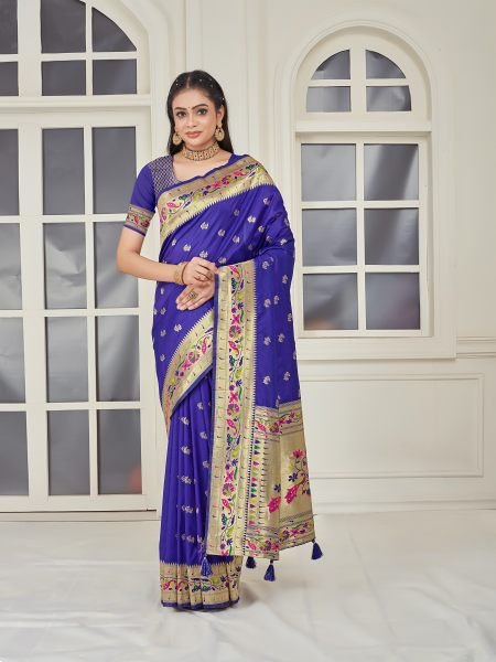 Pure Silk Paithani Zari Woven Blue Saree Sale