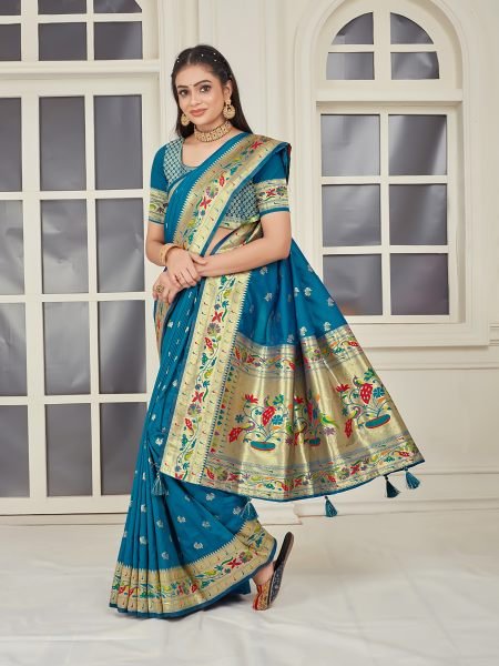 Pure Silk Paithani Zari Woven Rama Saree Designer Sarees