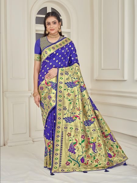 Pure Silk Paithani Zari Woven Blue Saree Sale