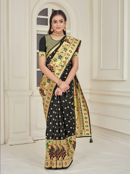 Pure Silk Paithani Zari Woven Black Saree Sale