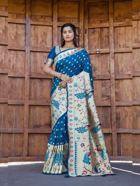 Pure Silk Paithani Zari Woven Rama Saree Sale