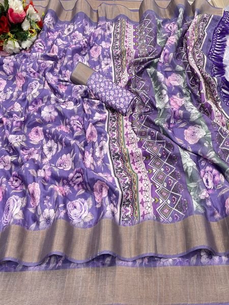 Purple Cotton Silk Handloom Printed Saree with Tassel Border Pallu Sale