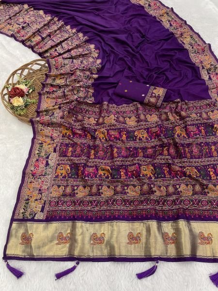 Purple Floral Printed Woven Zari Pashmina Saree Sale