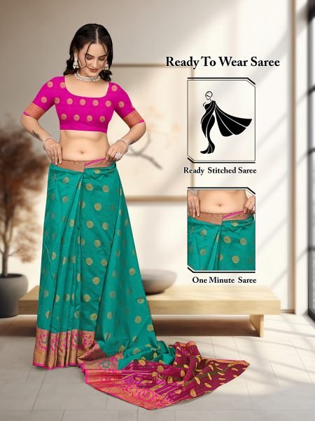 Rama Ready To Wear Cotton Silk Woven Zari Jacquard Banarasi Traditional Saree Sale