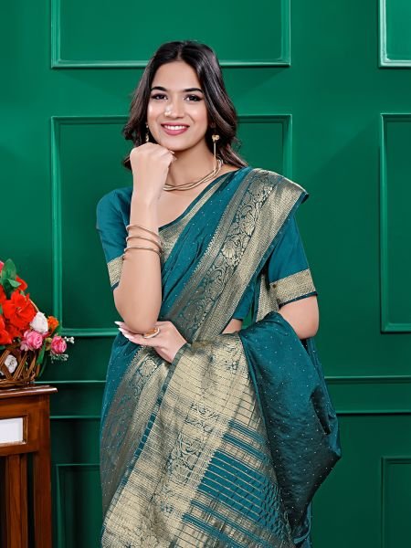Rama Banarasi Silk Zari Swarovski Crystal Work Saree Sale