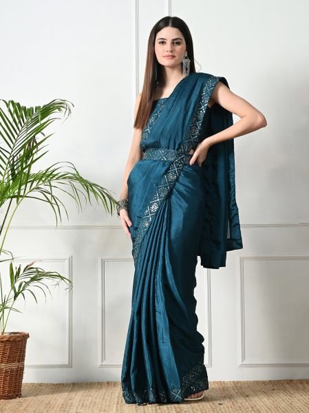 Rama Chic Party Wear A Modern Chinon Solid Saree with an Embroidered Lace Border Sale