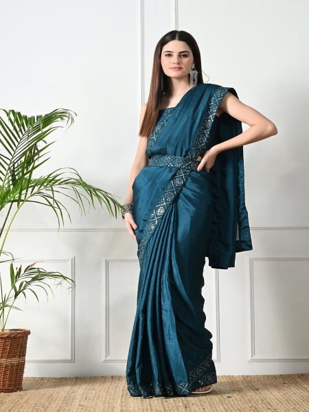 Rama Chic Party Wear A Modern Chinon Solid Saree with an Embroidered Lace Border Sale