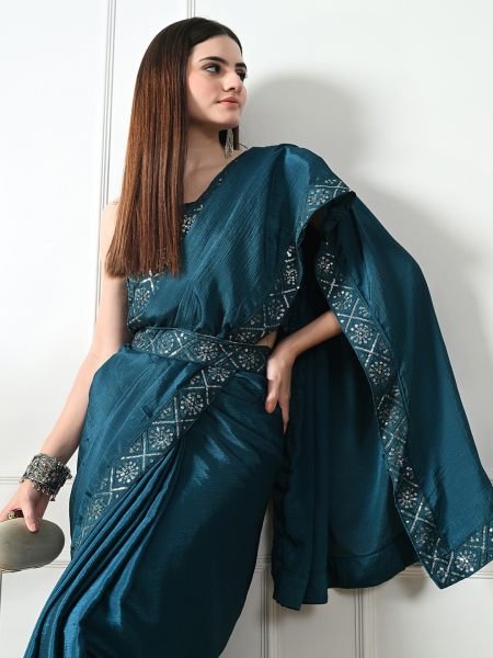 Rama Chic Party Wear A Modern Chinon Solid Saree with an Embroidered Lace Border Designer Sarees