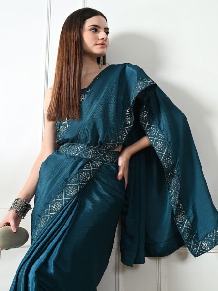 Rama Chic Party Wear A Modern Chinon Solid Saree with an Embroidered Lace Border Designer Sarees