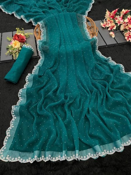 Rama Chiffon Swarovski Diamond Lace Work Saree Sale