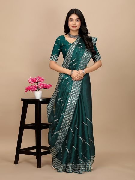 Rama Embroidered sequins Organza Fabric with Scalloped Lace Border Sale