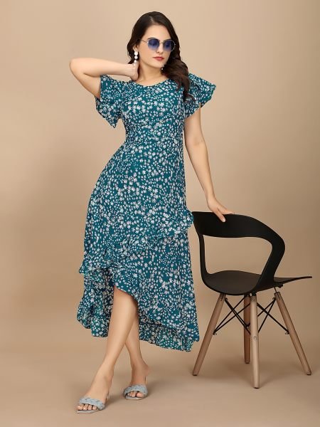 Rama Floral Elegance High Low Ruffle Hemline Crape Dress with Butterfly Sleeves Dresses