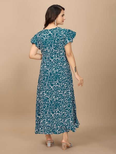 Rama Floral Elegance High Low Ruffle Hemline Crape Dress with Butterfly Sleeves Dresses