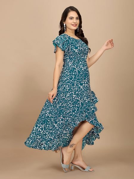 Rama Floral Elegance High Low Ruffle Hemline Crape Dress with Butterfly Sleeves Dresses