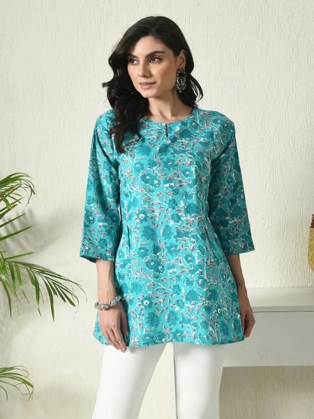 Rama Floral Printed Cotton Blend Top with Keyhole Neck Kurtis & Tunics