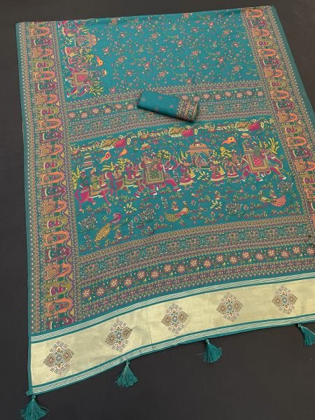 Rama Floral Printed Woven Zari Pashmina Saree Sale