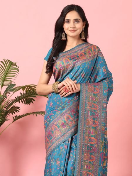 Rama Floral Printed Woven Zari Pashmina Saree Sale