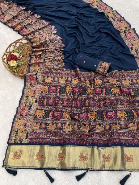 Rama Floral Printed Woven Zari Pashmina Saree Sale