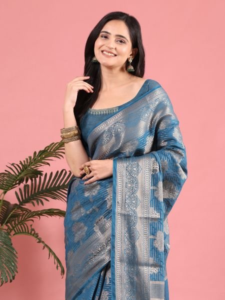 Rama Banarasi Georgette jacquard Saree With Embroidery Blouse Sale