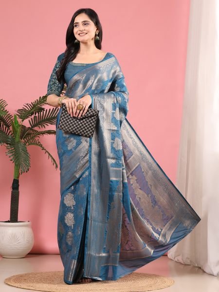 Rama Banarasi Georgette jacquard Saree With Embroidery Blouse Banarasi Sarees