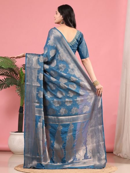 Rama Banarasi Georgette jacquard Saree With Embroidery Blouse Banarasi Sarees