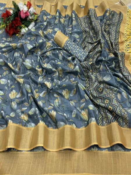 Rama Gold Cotton Silk Handloom Printed Saree with Tassel Border Pallu Sale