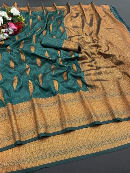 Rama Pure Silk Banarasi Saree with Gold Zari Jacquard Weaving Sale