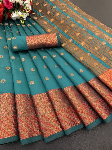 Rama Soft Silk Banarasi Saree with Gold Zari Jacquard Detailing Sale