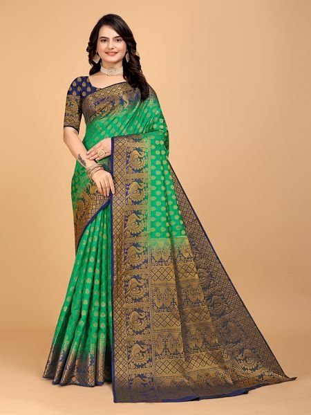 Rama Woven Banarasi Nylon Pure Silk Saree Sale
