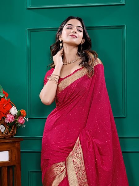 Rani Banarasi Silk Zari Swarovski Crystal Work Saree Sale