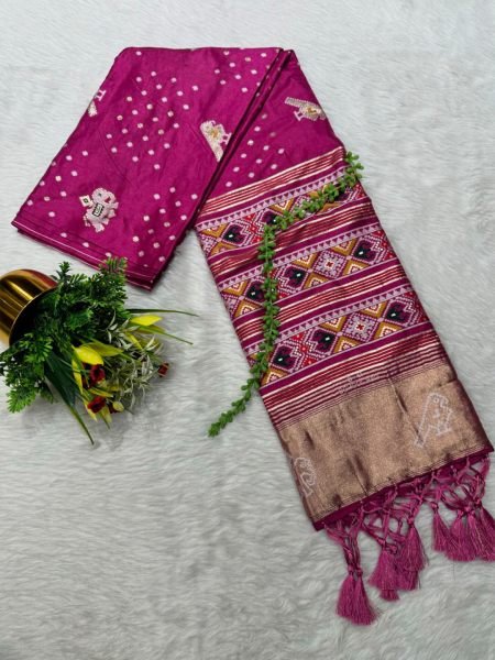 Rani Cotton Silk Saree with Traditional Patola Print and Tassel Border Pallu Sale