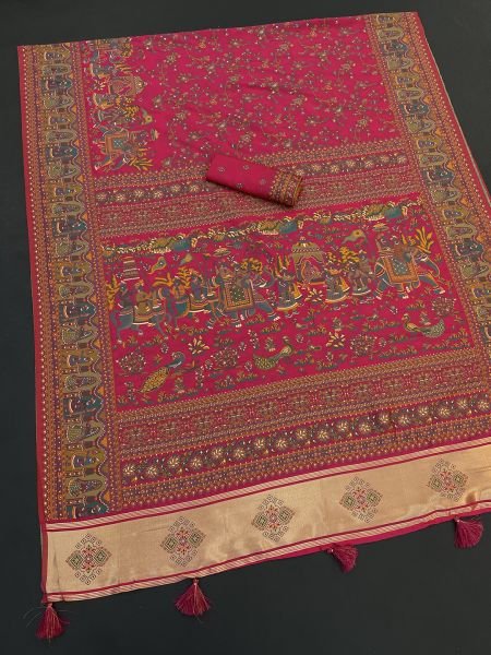 Rani Floral Printed Woven Zari Pashmina Saree Sale