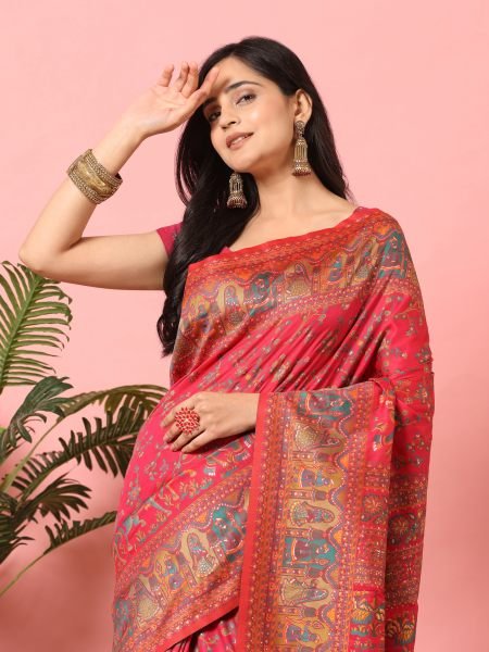 Rani Floral Printed Woven Zari Pashmina Saree Sale