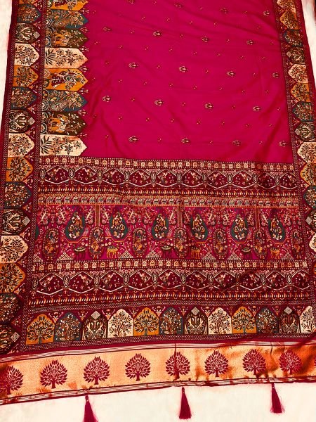 Rani Floral Printed Woven Zari Pashmina Saree Sale