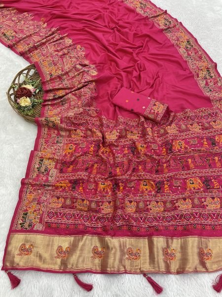 Rani Floral Printed Woven Zari Pashmina Saree Sale