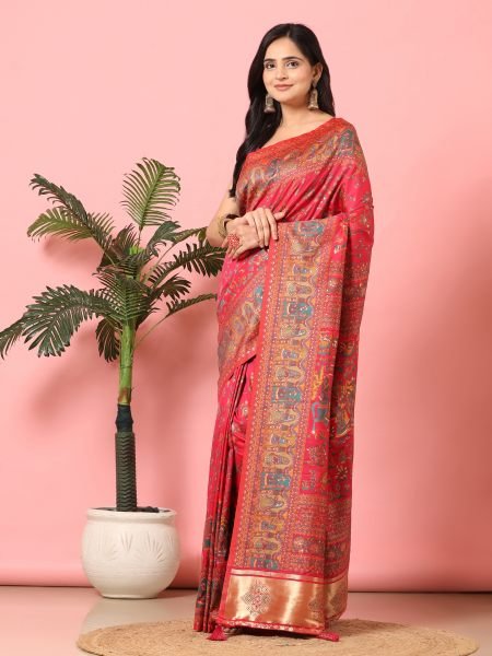 Rani Floral Printed Woven Zari Pashmina Saree Banarasi Sarees