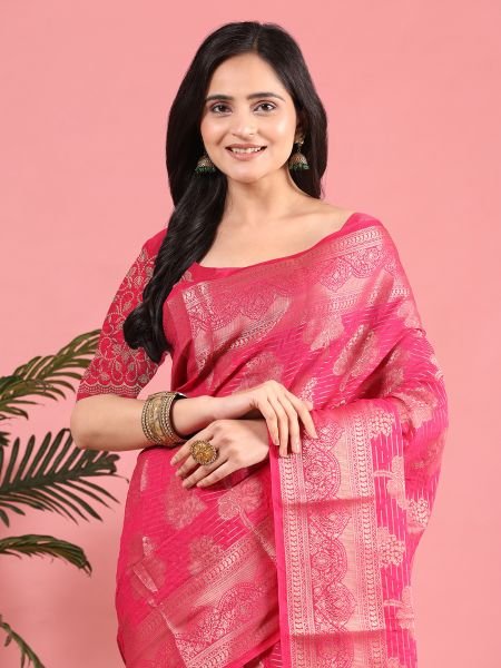 Rani Banarasi Georgette jacquard Saree With Embroidery Blouse Sale