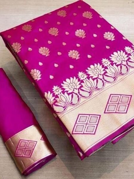 Rani Pink Banarasi Pure Silk Saree with Gold Zari for Weddings Sale