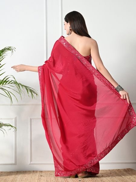Rani Pink Chic Party Wear A Modern Chinon Solid Saree with an Embroidered Lace Border Designer Sarees