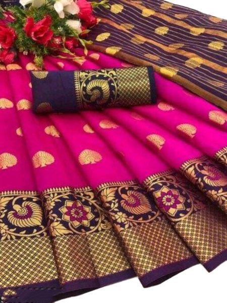 Rani Pink Cotton Silk Banarasi Saree with Zari Woven Jacquard for Festive Wear Sale