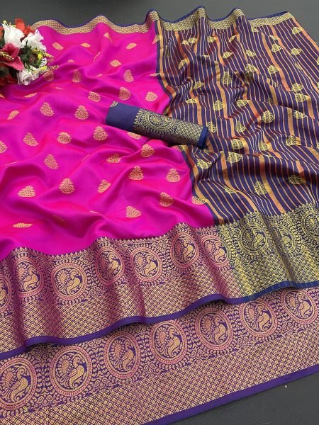 Rani Pink Cotton Silk Banarasi Saree with Jacquard Zari Peacock Woven Border Sale
